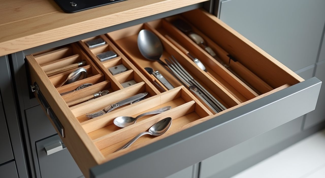 Organised Japandi base drawer with wooden cutlery inserts in a Singapore kitchen