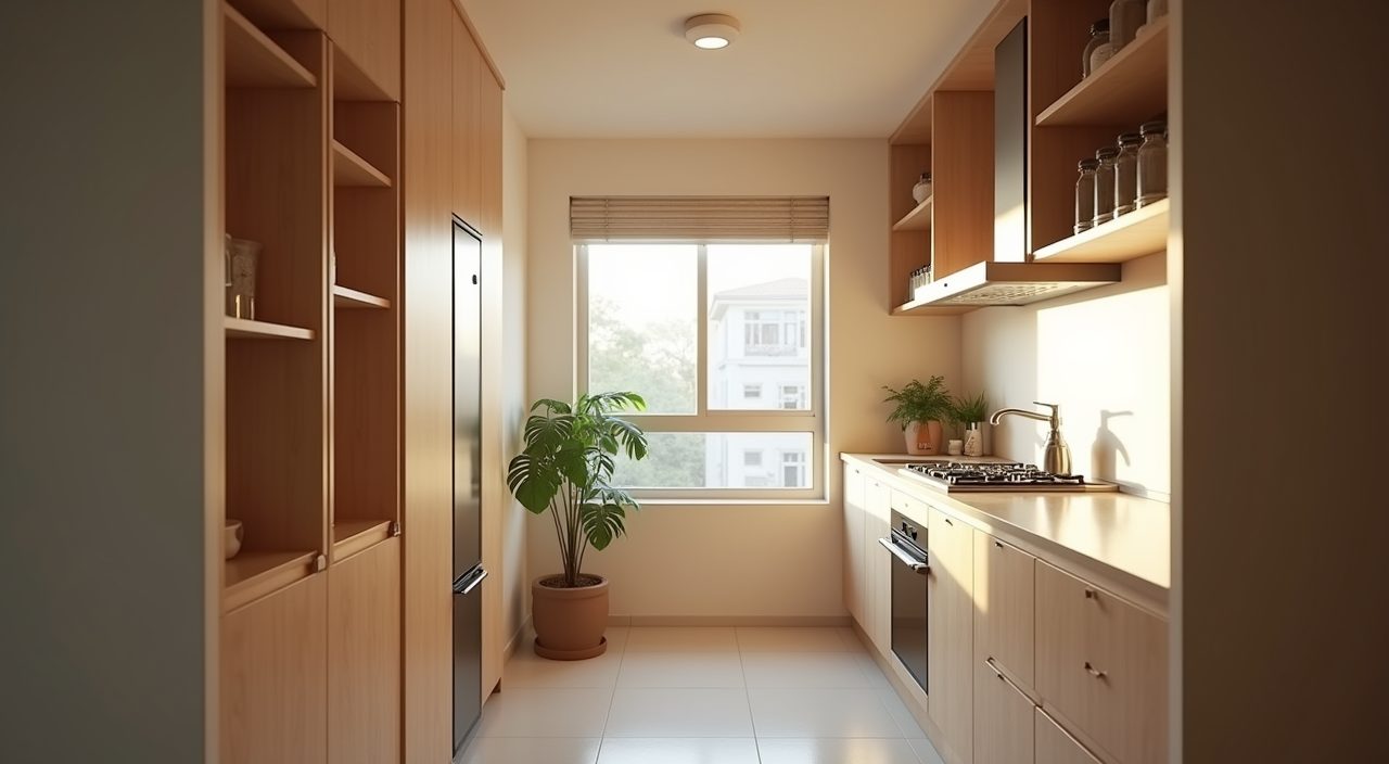 Galley Japandi condo kitchen with tall units and a pothos plant in Singapore