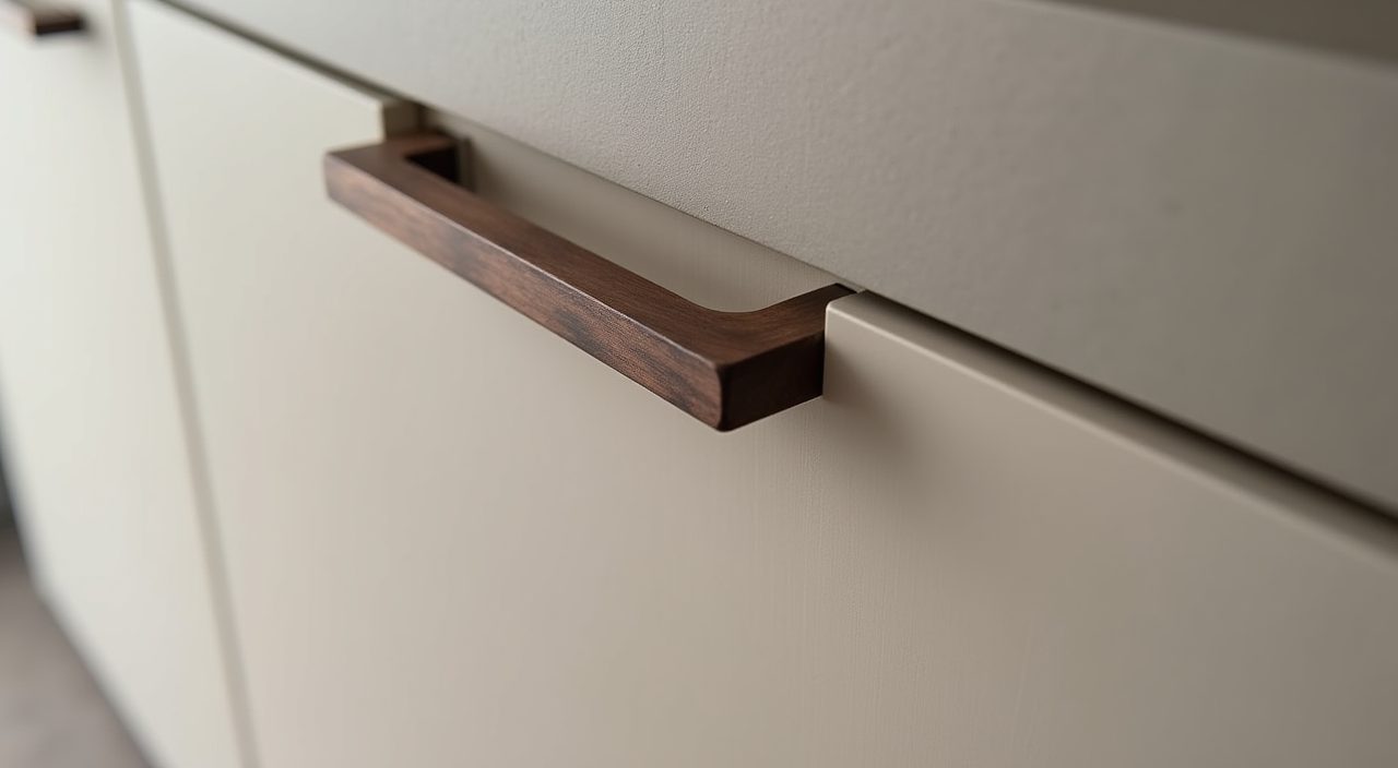 Handleless Japandi cabinet detail with a J-profile groove and slim timber pull in a Singapore kitchen