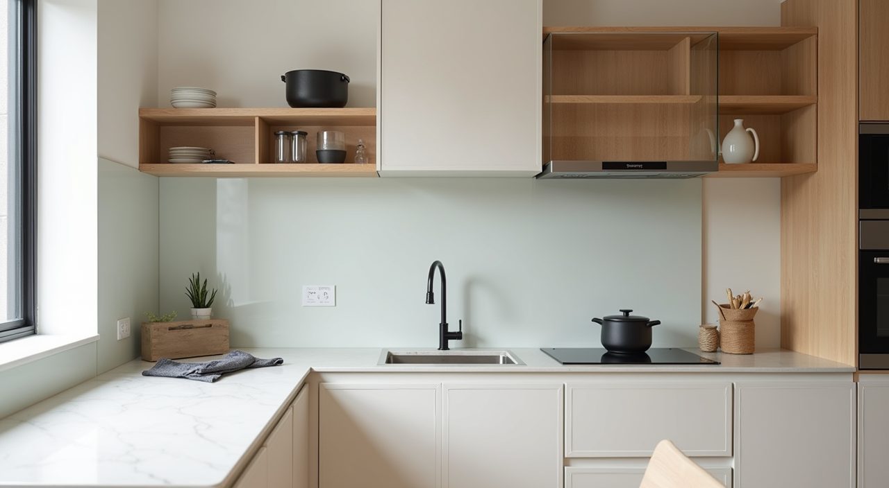 L-shaped Japandi HDB kitchen with open shelves and few upper cabinets in Singapore