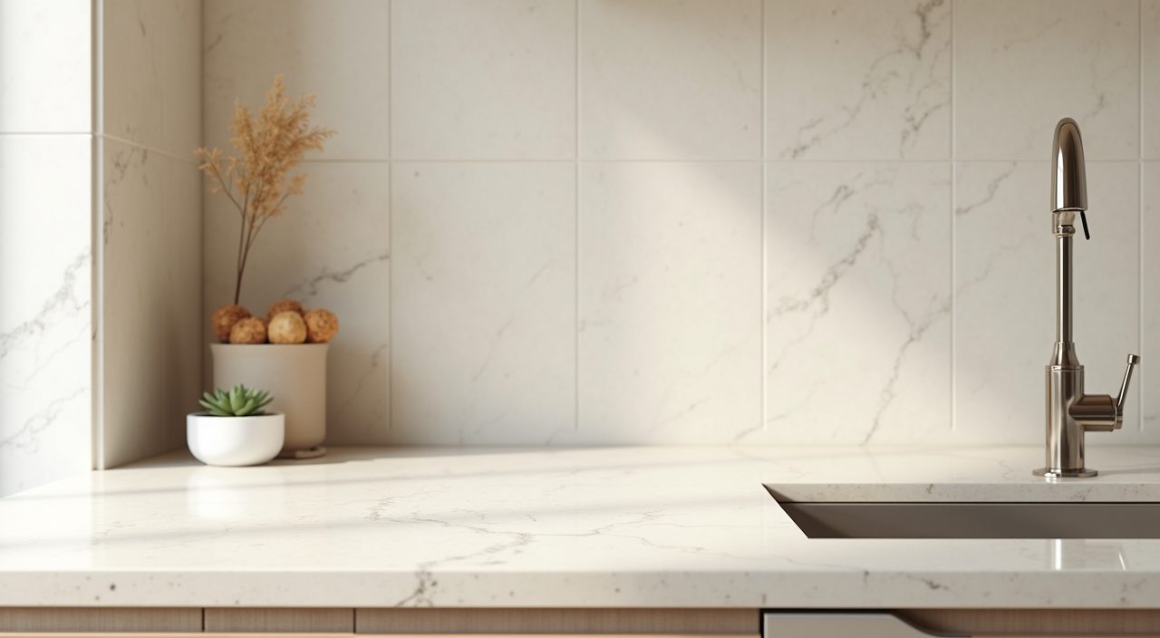 Matte beige quartz counter and off white large-format tile backsplash in a Japandi Singapore kitchen