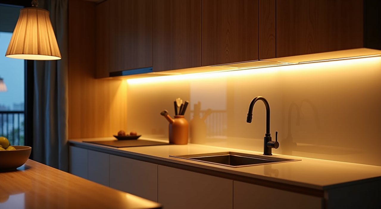 Warm under-cabinet strip lighting and a soft pendant in a Japandi Singapore kitchen at dusk