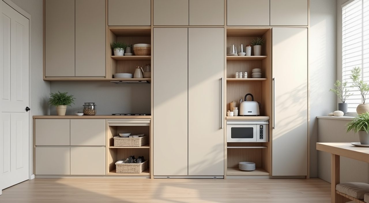 Full-height Japandi tall units and appliance garage pantry zone in a Singapore HDB kitchen