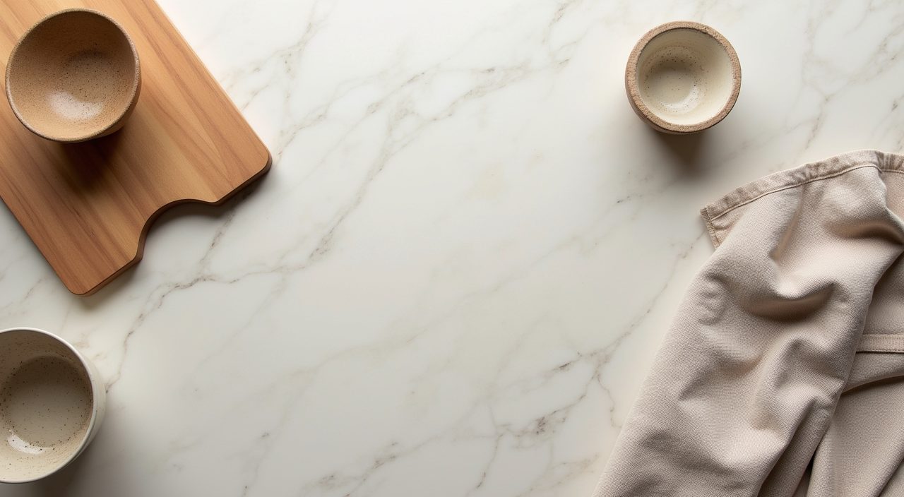 Overhead Japandi kitchen worktop styling with timber board and linen on matte quartz in Singapore