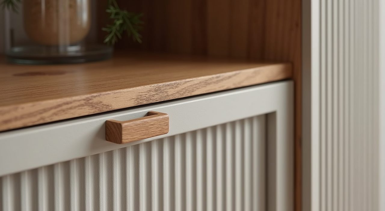 Fluted wood-look panel and oak shelf bracket detail in a Japandi Singapore kitchen