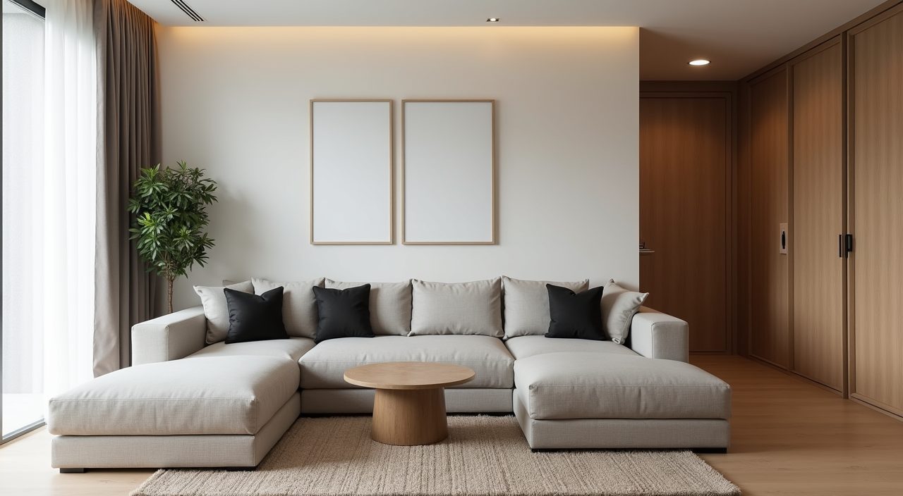 Japandi living room in Singapore with warm oak wood, off white walls and muted greige palette
