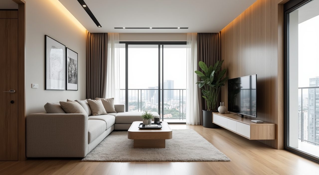 Japandi living room in a Singapore condo with low profile sofa and low oak console opening up the floor