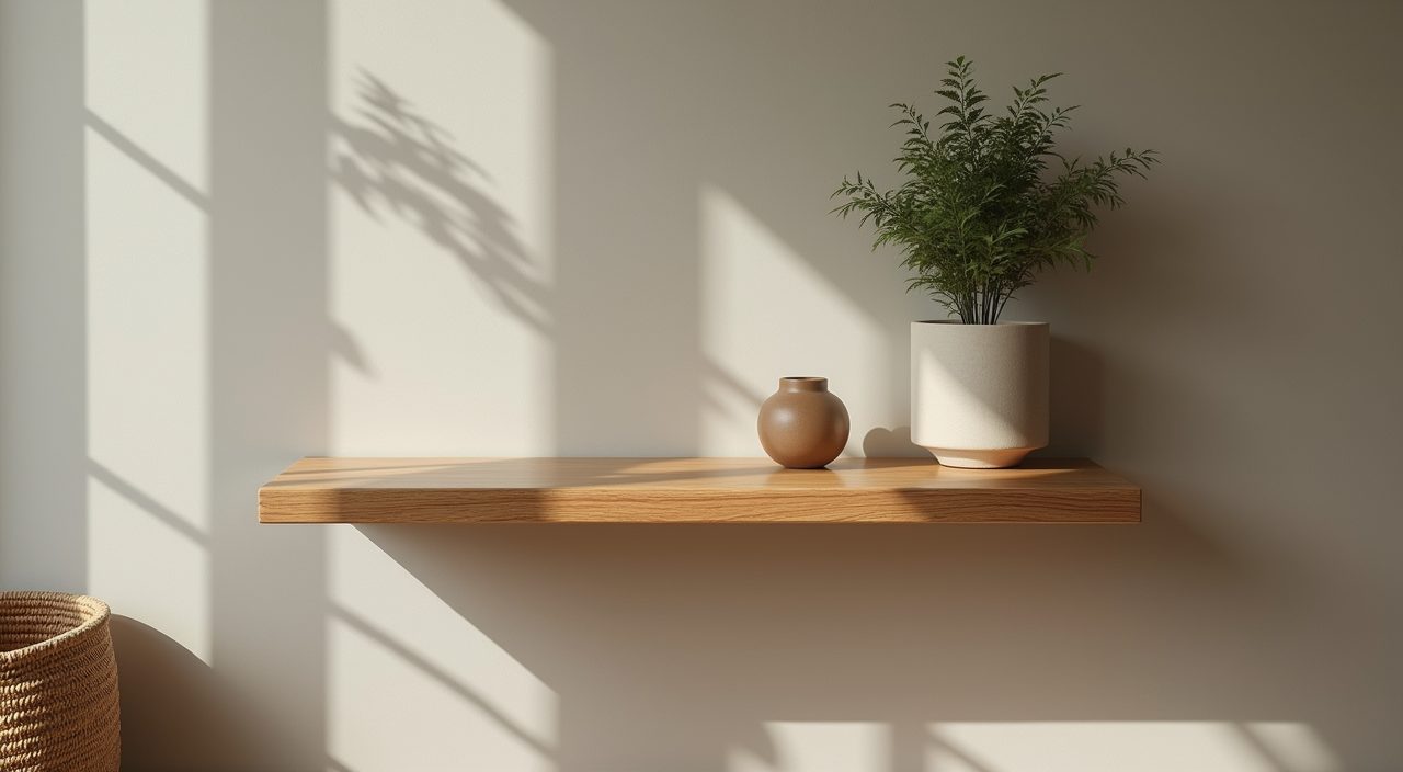 Japandi floating oak shelf in a Singapore living room styled with a rubber plant and stoneware vase