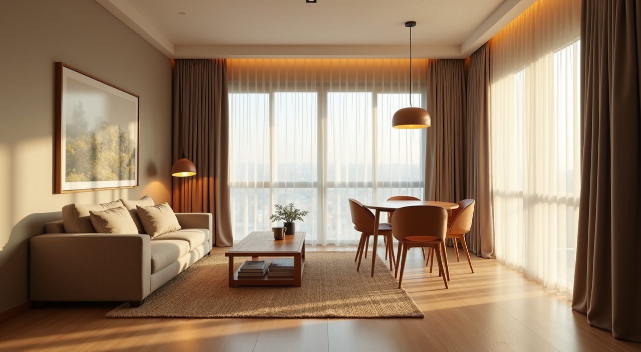 Wide Japandi living and dining zone in a Singapore HDB flat with oak furniture and jute rug at golden hour
