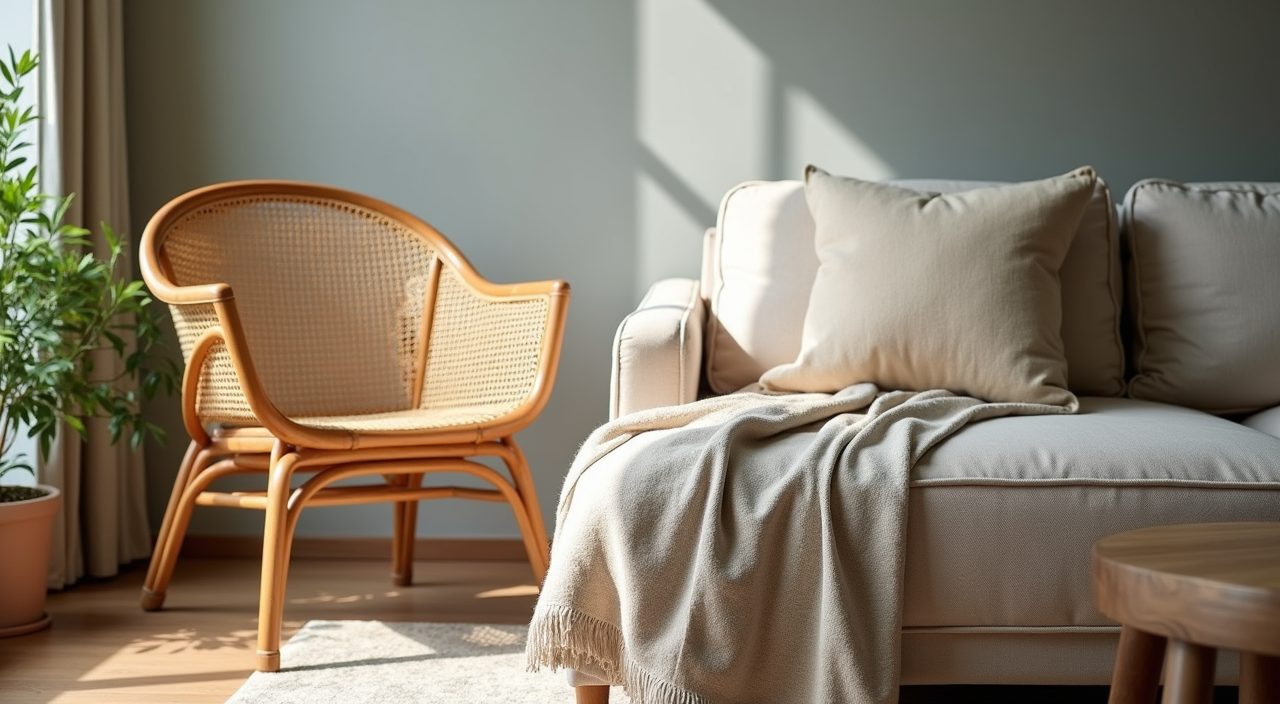 Close up of Japandi humidity friendly materials in a Singapore living room, rattan cane oak and linen