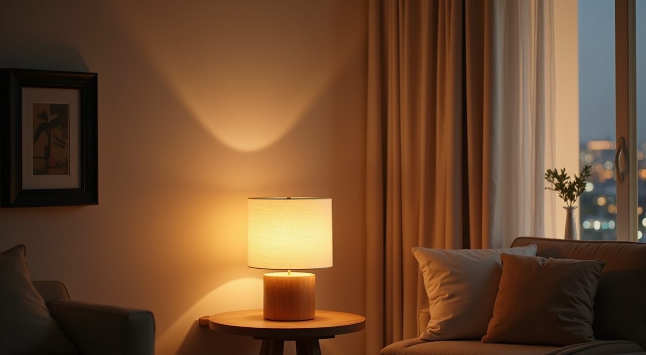 Japandi living room in Singapore with warm layered lighting, paper pendant and low table lamp at dusk