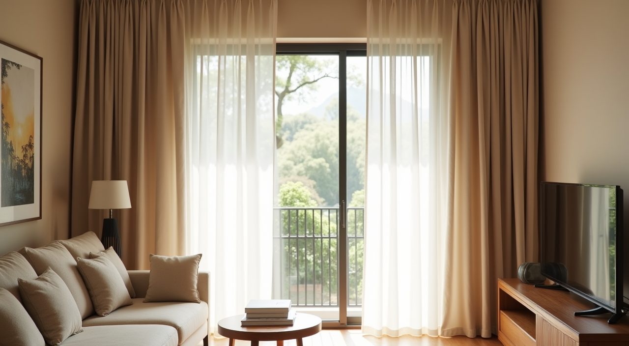 Japandi living room window in Singapore with sheer oatmeal linen curtains filtering tropical light