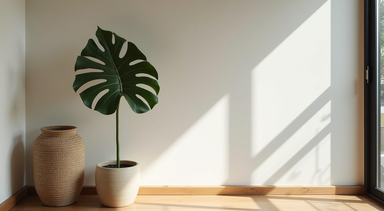 Japandi living room corner in Singapore with fiddle leaf fig, ceramic vase and woven basket textures