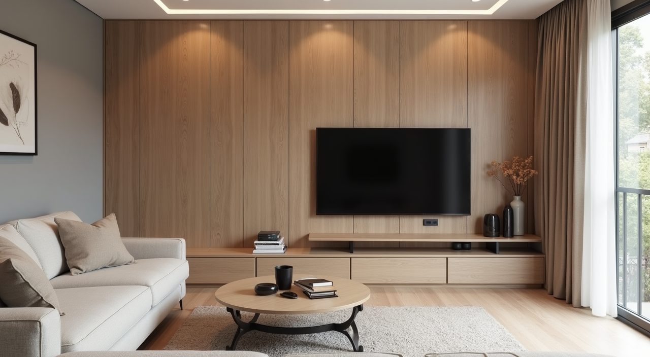 Japandi living room in a Singapore HDB flat with flush front handleless oak concealed storage wall