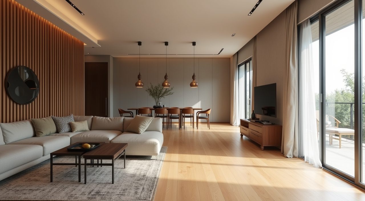 Japandi living room in Singapore with continuous warm wood flooring and a calm microcement feature wall