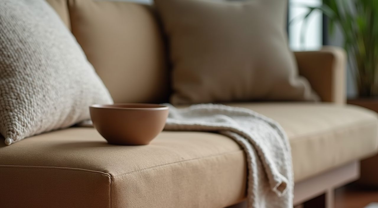 Macro detail of Japandi living room textures in Singapore, oak grain, linen cushion and stoneware bowl