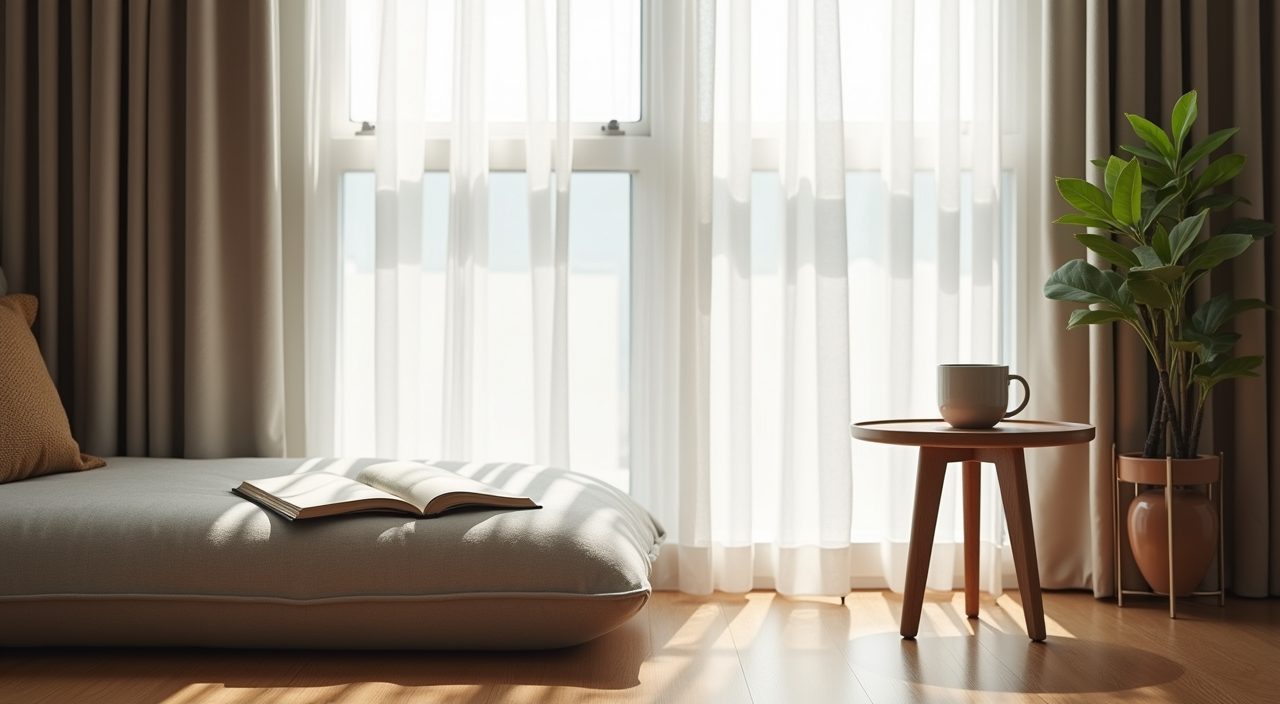 Japandi reading nook in a Singapore condo living room with low floor cushion and ash side table
