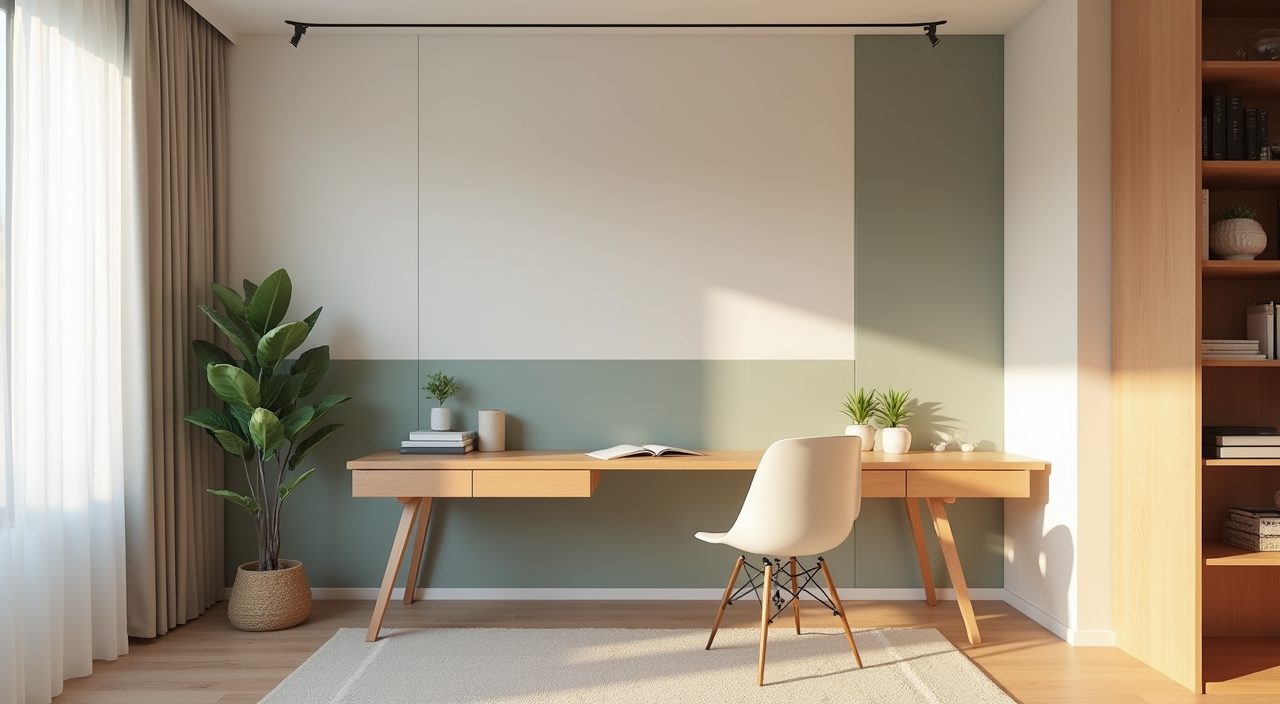 Japandi study room in a Singapore HDB flat with warm greige walls and a muted sage accent wall