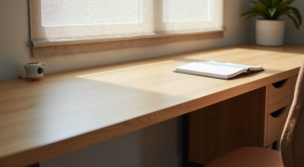 Close up of Japandi study materials in a Singapore home: oak veneer, linen blind, cane and matte black metal