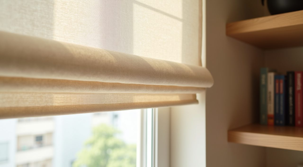 Linen roman blind diffusing daylight in a Japandi Singapore study room
