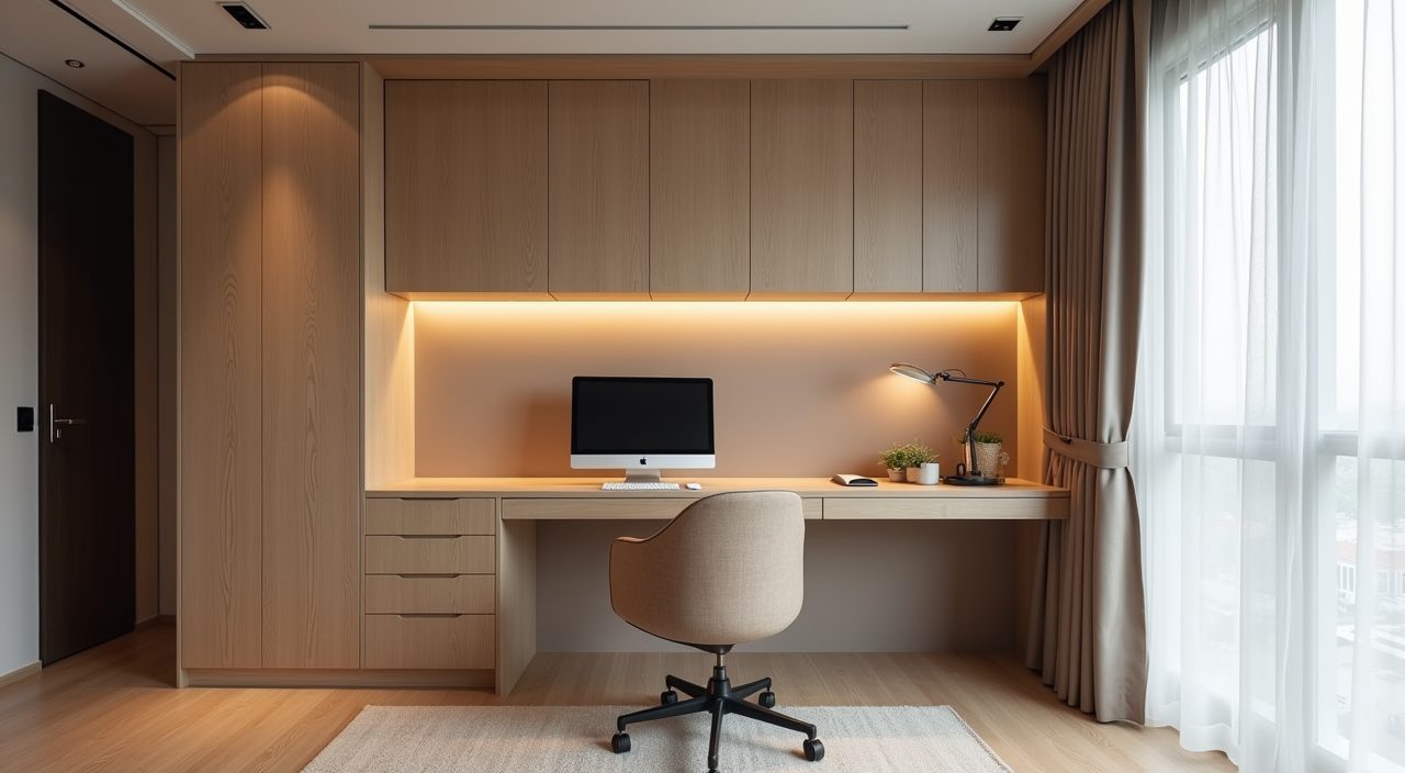 Compact L-shaped Japandi study in a corner of a Singapore HDB master bedroom