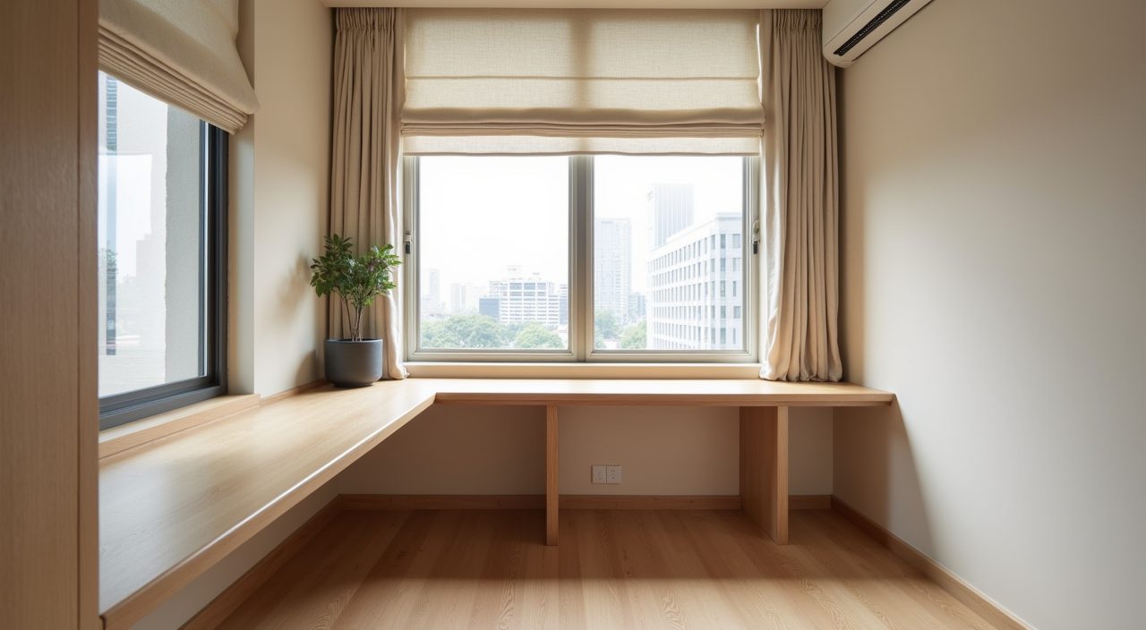 Slim built-in Japandi bay window desk in a Singapore HDB study room