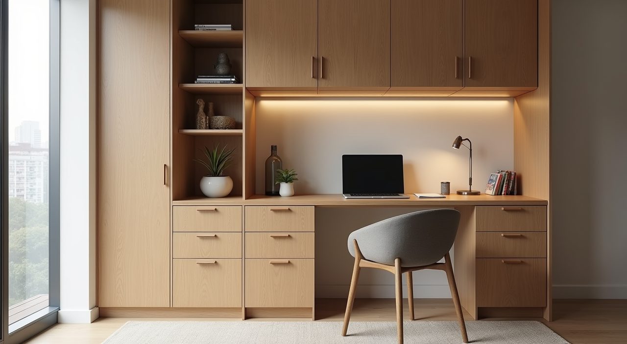 Closed low Japandi cabinets and a tall slim cupboard in a Singapore study room