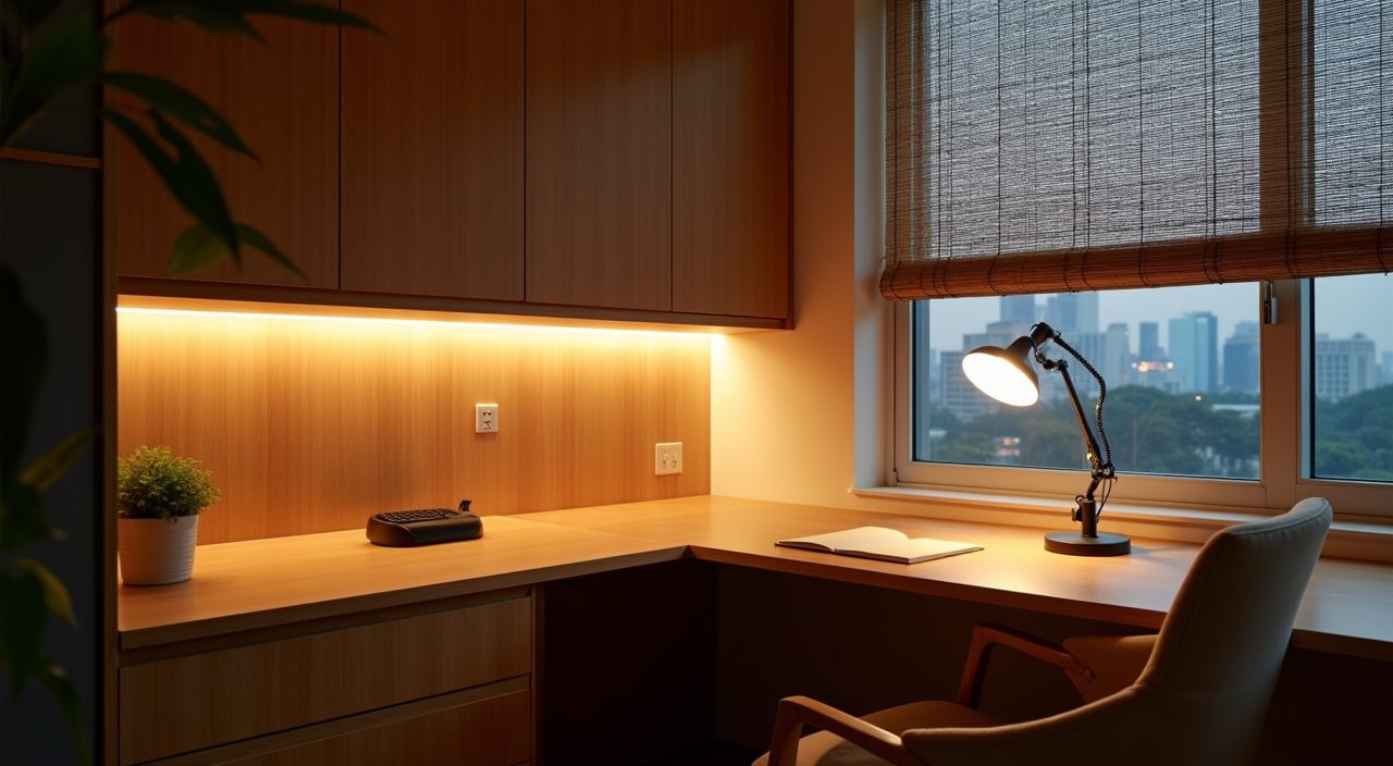 Layered warm task and ambient lighting in a Japandi Singapore study room at dusk