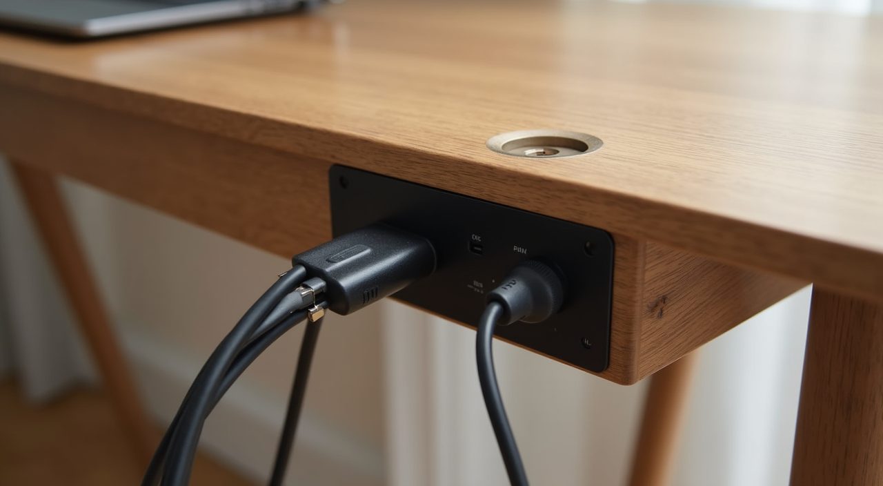 Hidden cable grommet and desk-height power point on a Japandi Singapore study desk