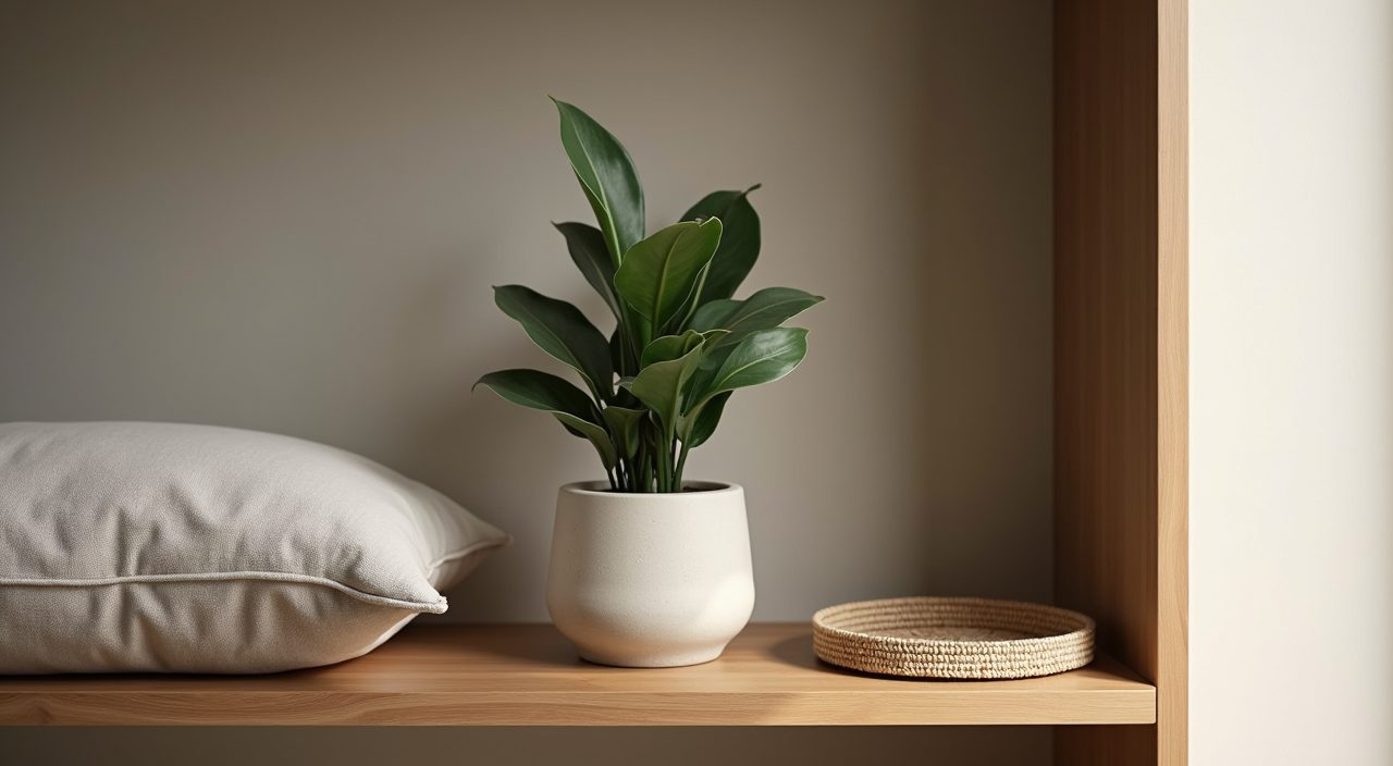 Snake plant in a concrete pot and natural texture on a Japandi shelf in a Singapore study