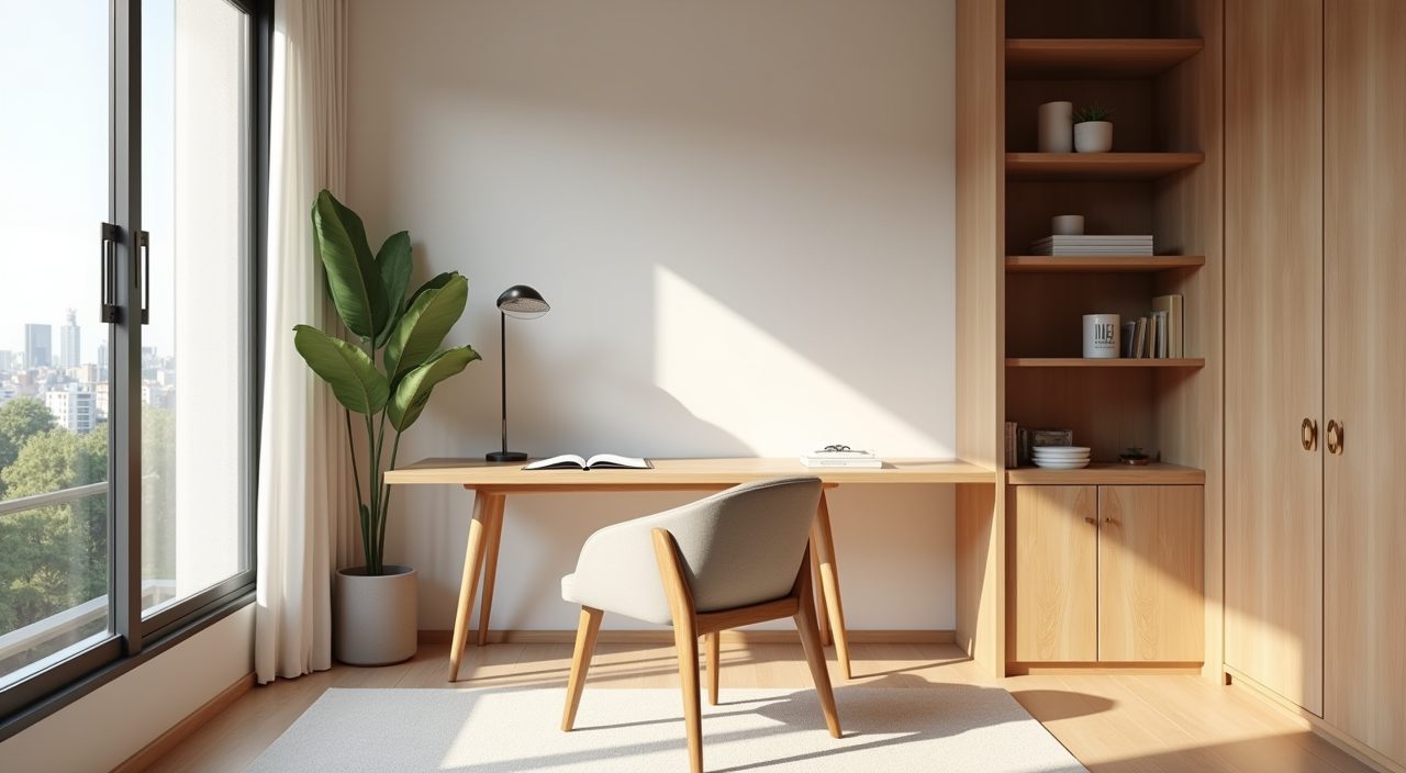 Airy open Japandi study corner with leggy furniture in a Singapore apartment