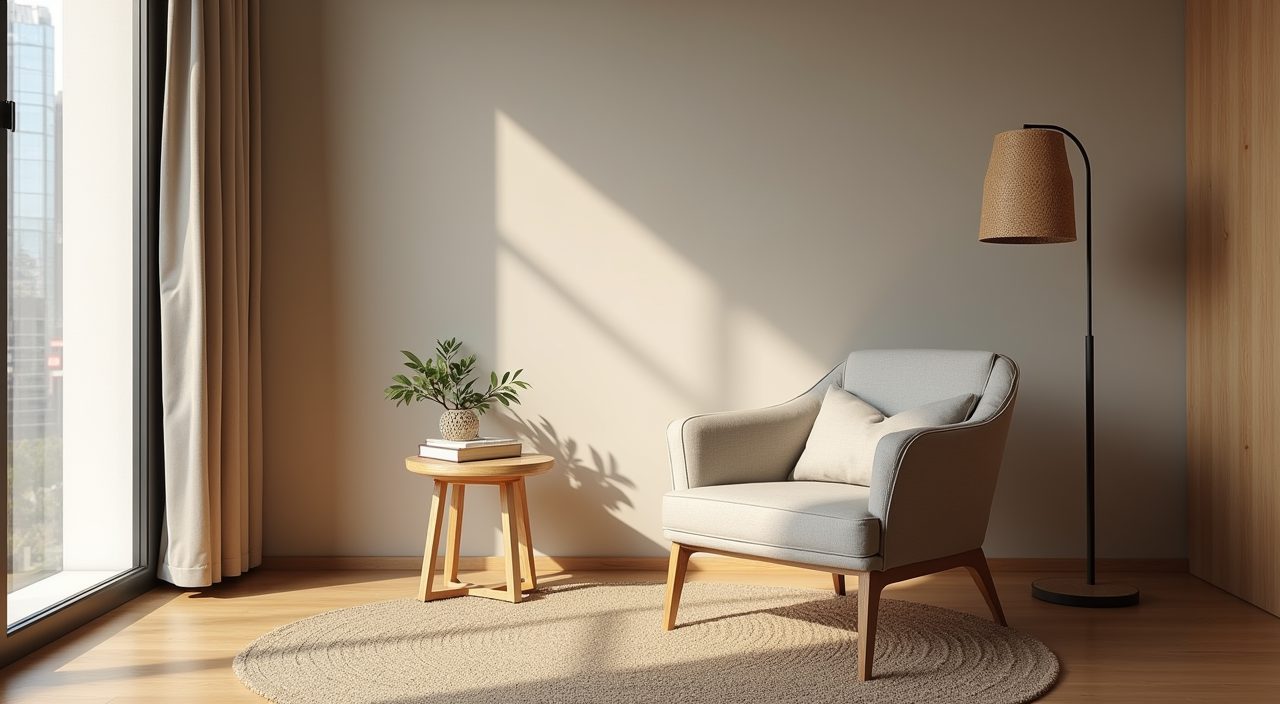 Japandi reading nook corner with armchair and paper lamp in a Singapore study room