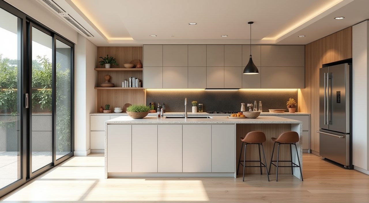 Contemporary Singapore landed home kitchen with open dry zone and separate glass-door enclosed wet kitchen