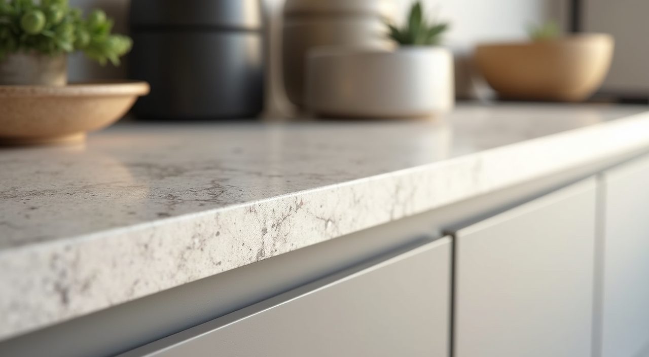 Close-up of sintered stone countertop and porcelain backsplash in a contemporary Singapore landed home kitchen