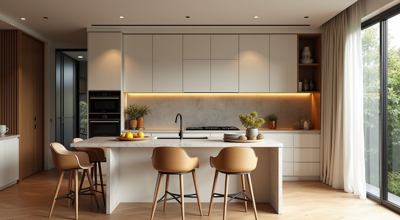 Morning mood view from the dining area toward the open dry kitchen of a contemporary Singapore landed home