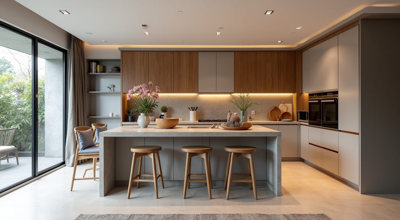 Contemporary Singapore landed home kitchen island with stone top, counter stools and wide walkway clearance