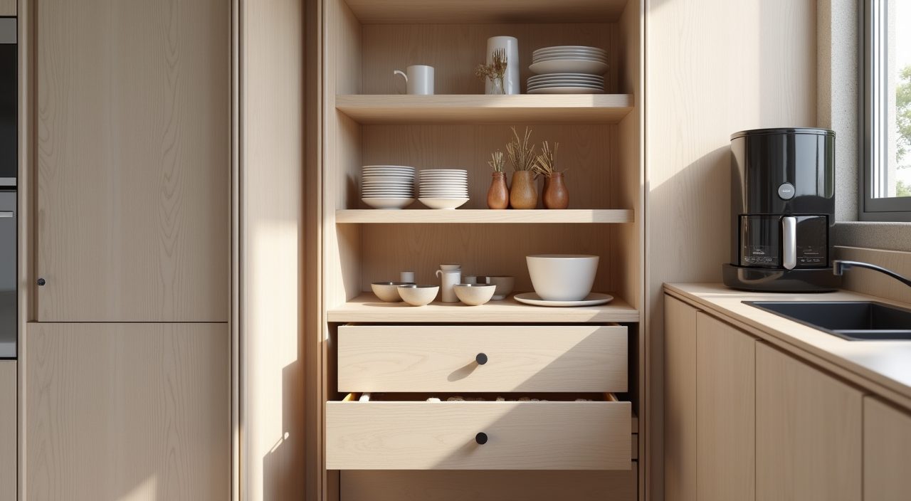 Full-height pantry and deep pull-out drawers in a contemporary Singapore landed home kitchen