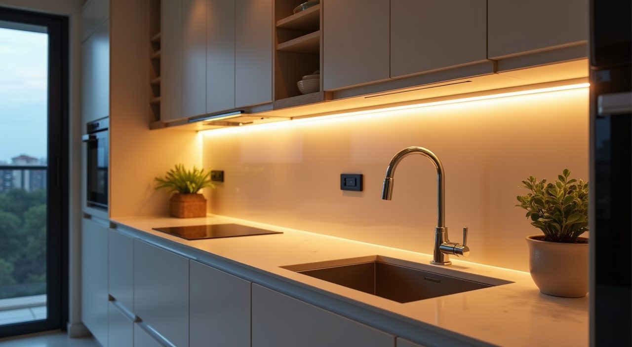 Under-cabinet LED strip lighting on the countertop of a contemporary Singapore landed home kitchen at dusk