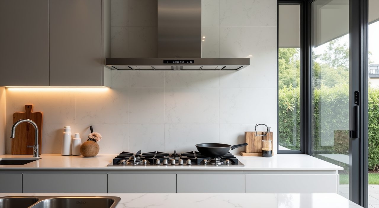 Enclosed wet kitchen with ducted range hood and gas wok hob in a contemporary Singapore landed home