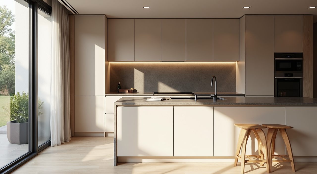 Deep window reveal and soft daylight in a contemporary Singapore landed home kitchen corner