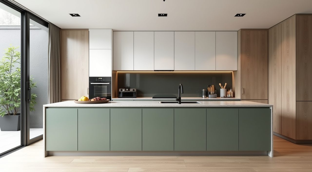 Calm warm-white and grey palette with muted green feature cabinets in a contemporary Singapore landed home kitchen