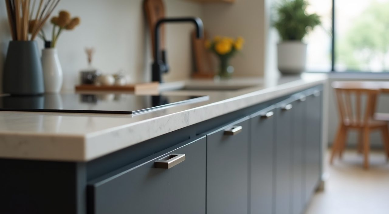 Matt-black handles and brushed tapware detail in a contemporary Singapore landed home kitchen