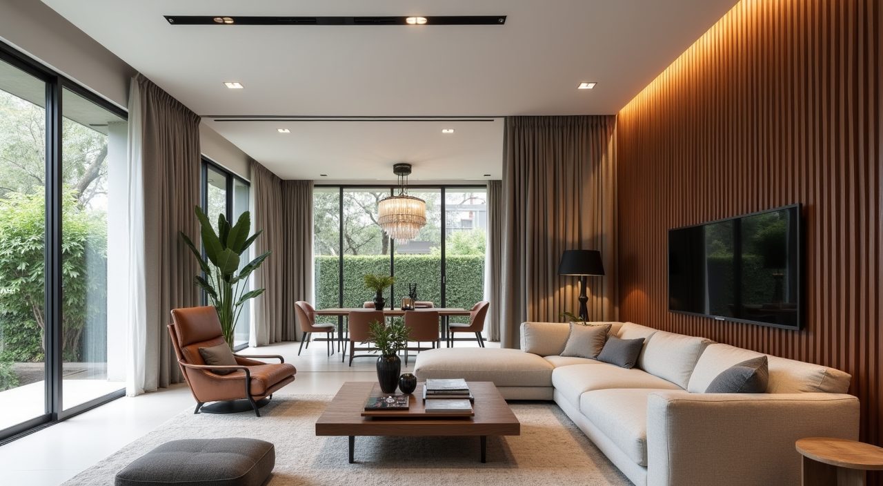 Contemporary landed home living room with double volume ceiling and low oversized pendant
