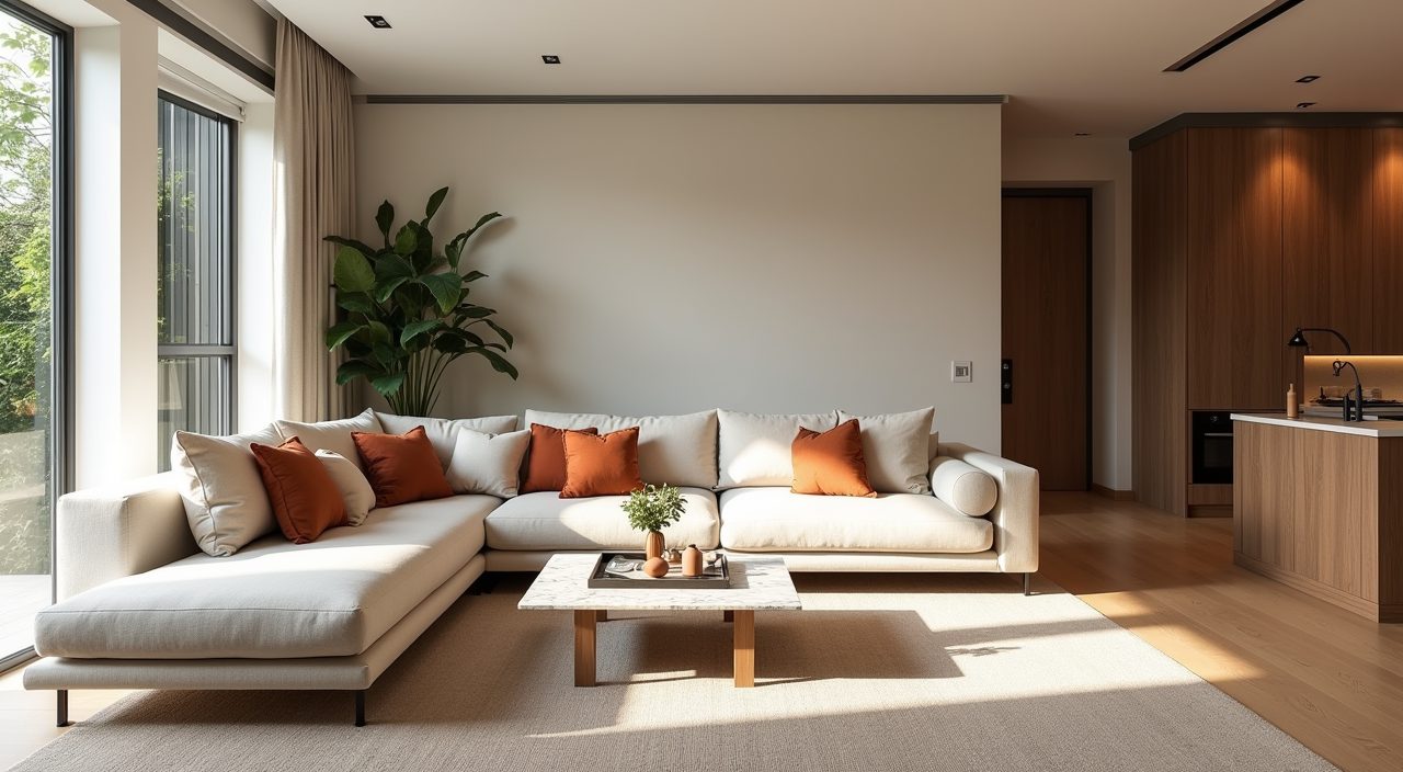 Warm neutral contemporary landed home living room in bright Singapore daylight