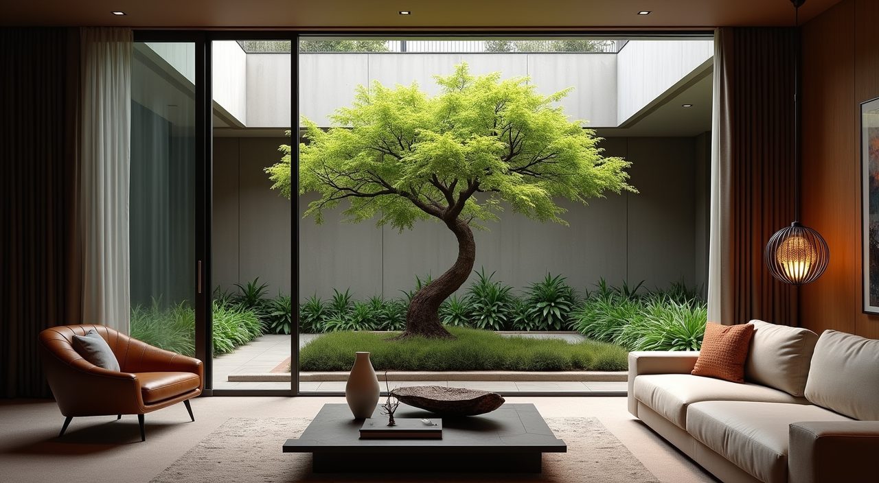 Mood view toward a planted internal air well in a contemporary landed home living room