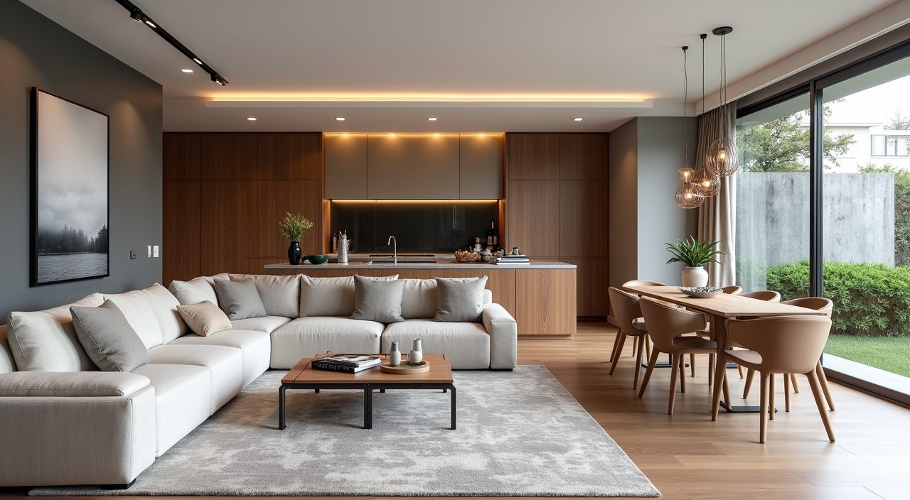 Open plan contemporary landed home living dining kitchen zoned with rug and console