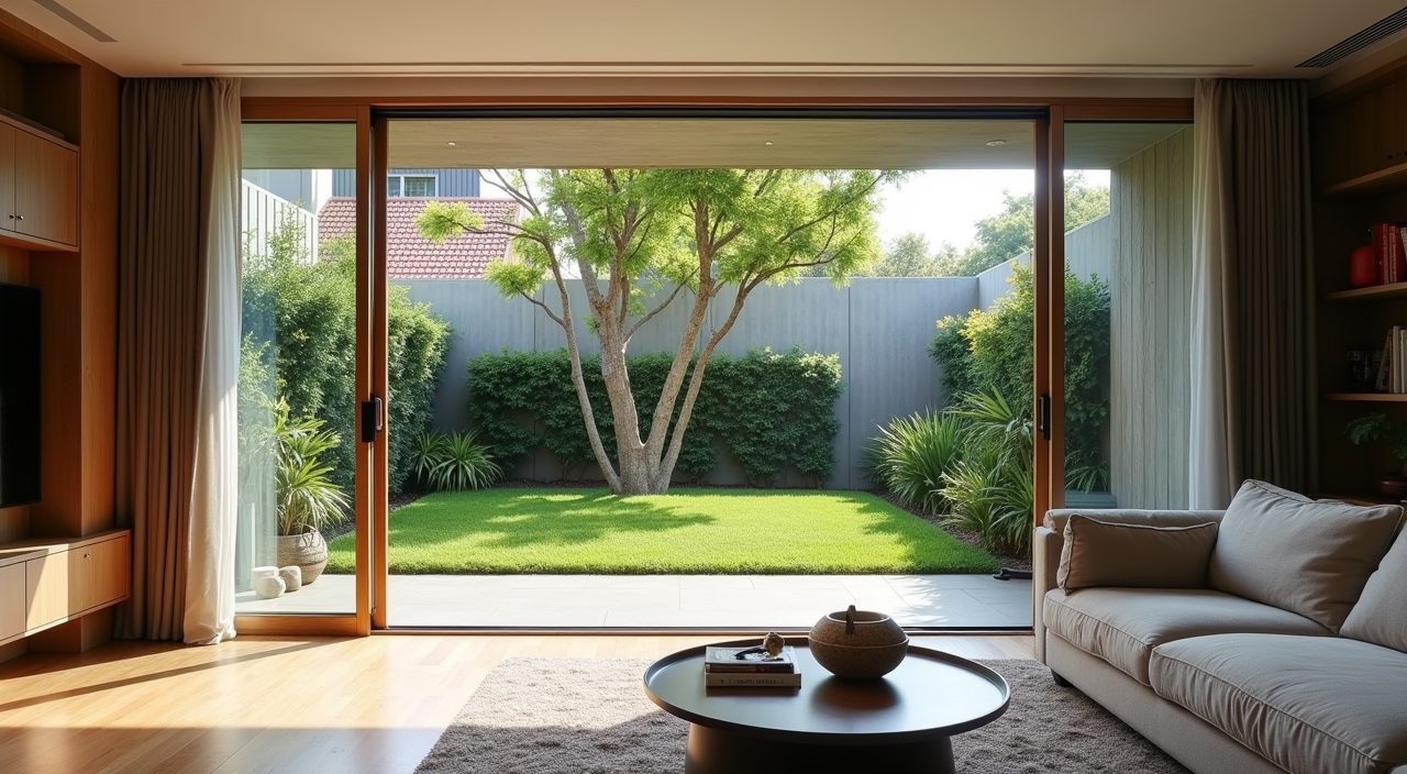 Contemporary landed home living room with full height glazing opening to a garden