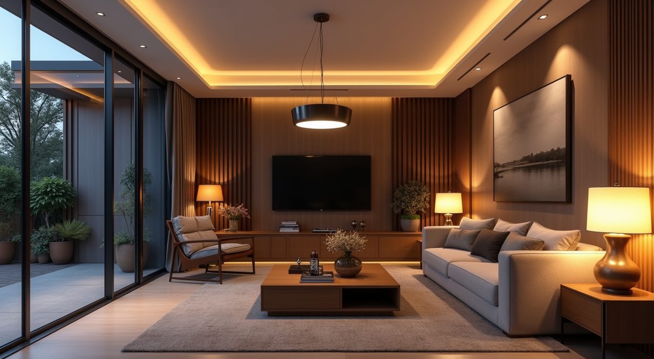 Contemporary landed home living room at dusk with layered warm lighting