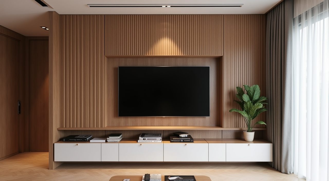 Contemporary landed home living room fluted timber media wall with recessed television
