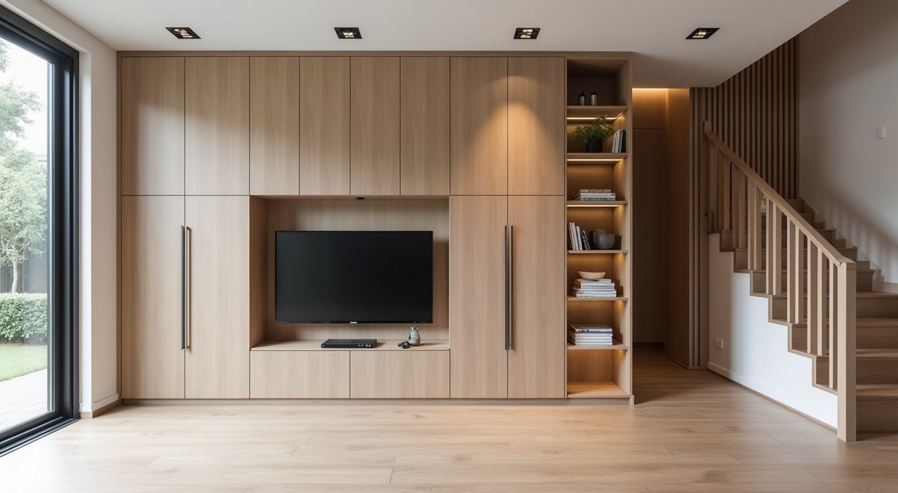 Full height handleless built in storage wall in a contemporary landed home living room
